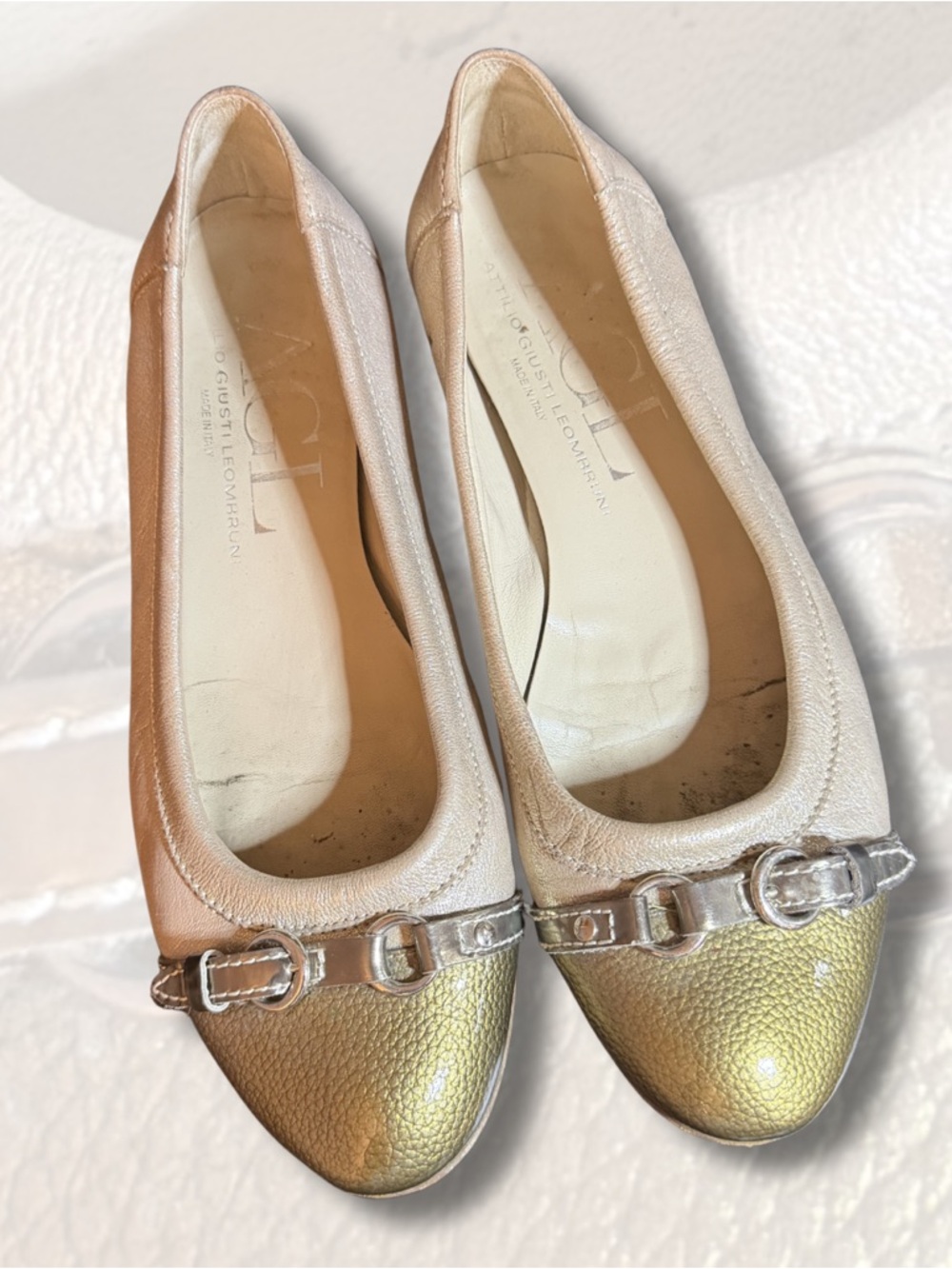 AGL Two-Tone Gold & Cream Leather Ballet Flats with Buckle
